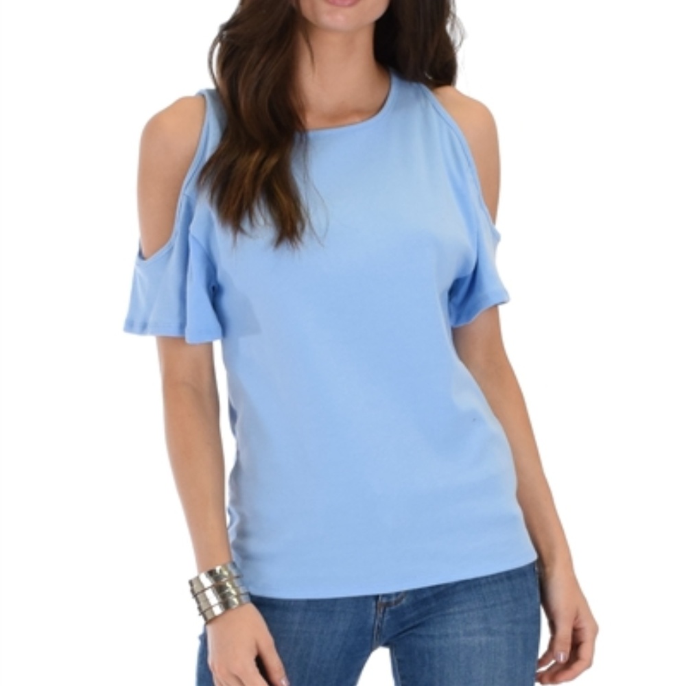 Blue-Ribbed Open Shoulder Top!